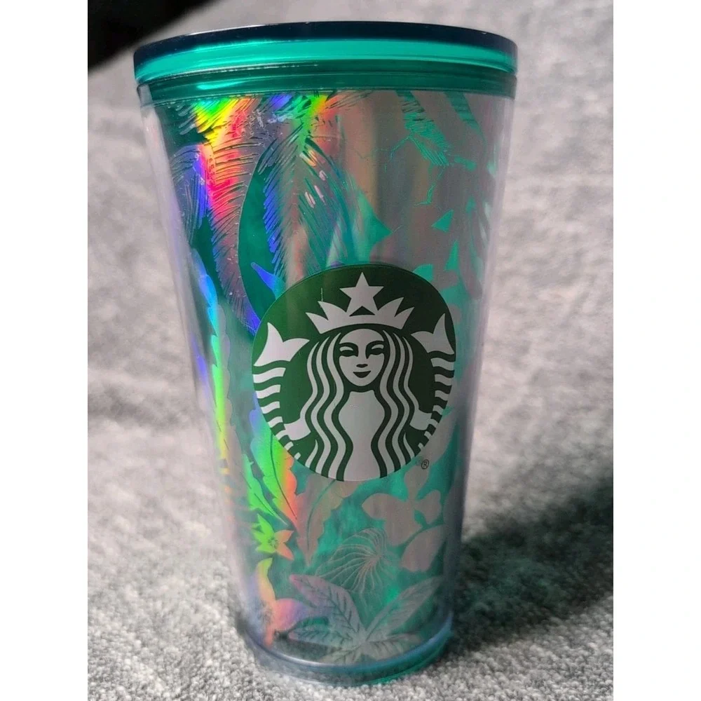 Starbucks 2022 Summer Grande 16oz‎ Silver Green Foliage Tumbler No Straw